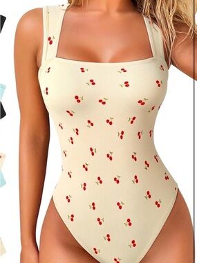 OQQ Cherry and Black Ribbed Tank Bodysuit